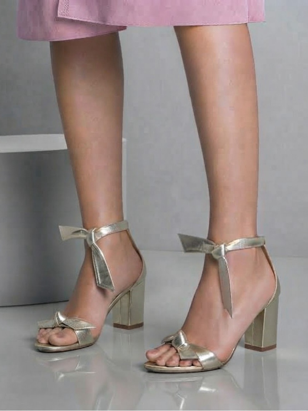 Alexandre Birman Gold Clarita Block Sandal 36.5 Metallic Leather Bow Heel 36½